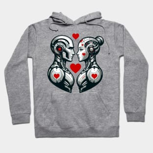 Robot Couple Love T-Shirt, Cute Cyber Romance Graphic Tee, Unisex Adult Sci-Fi Shirt, Valentine's Day Gift Idea Hoodie